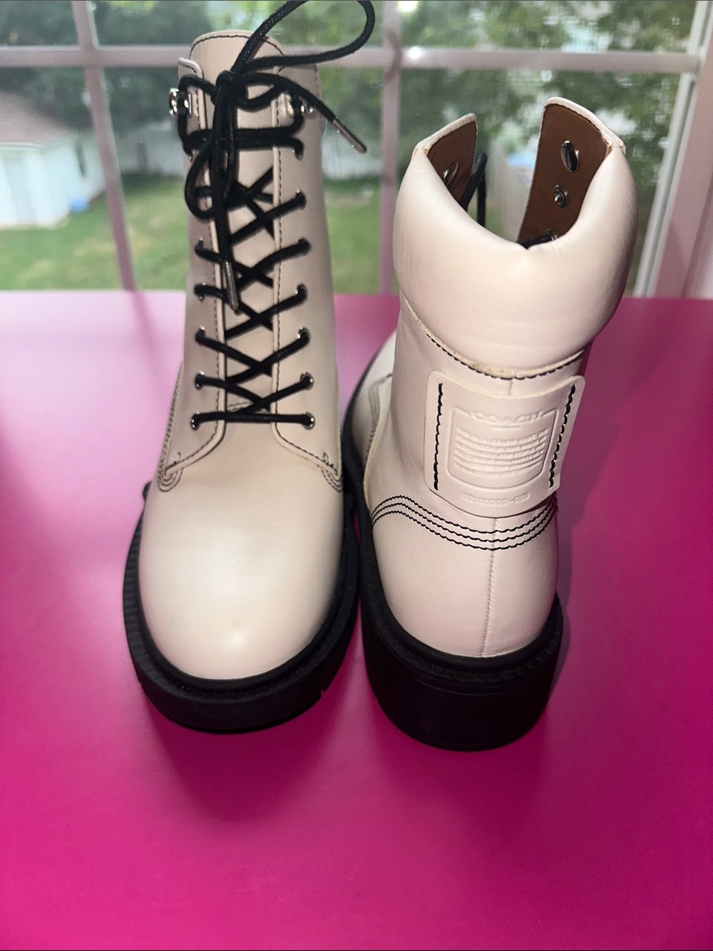 Coach Lorimer Cream Lace-Up Platform Combat Ankle Boots with Black Sole